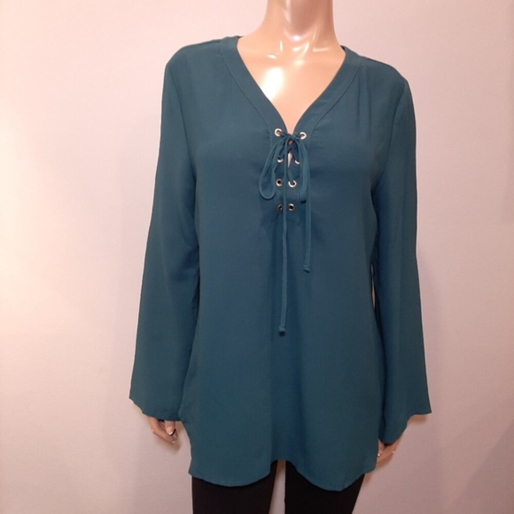 George Boho Tunic Blouse Long Flare Sleeves Lace Up Vneck Teal - Picture 10 of 10